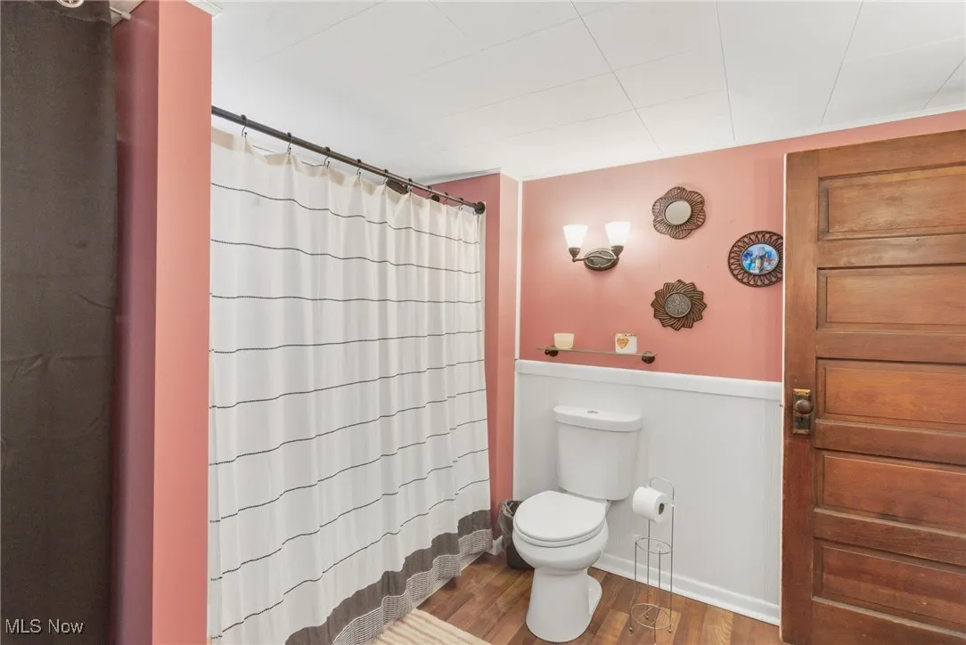 Bathroom with wood finished floors and a shower with curtain