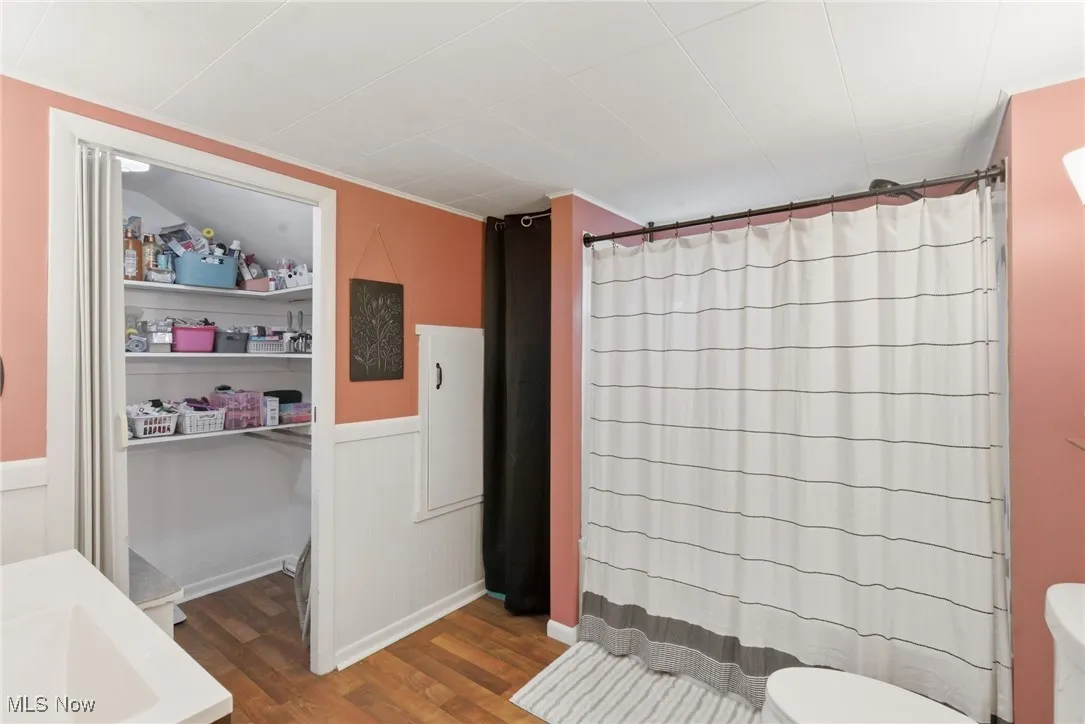 Full bath featuring dark wood-type flooring, curtained shower, wainscoting, a closet, and vanity