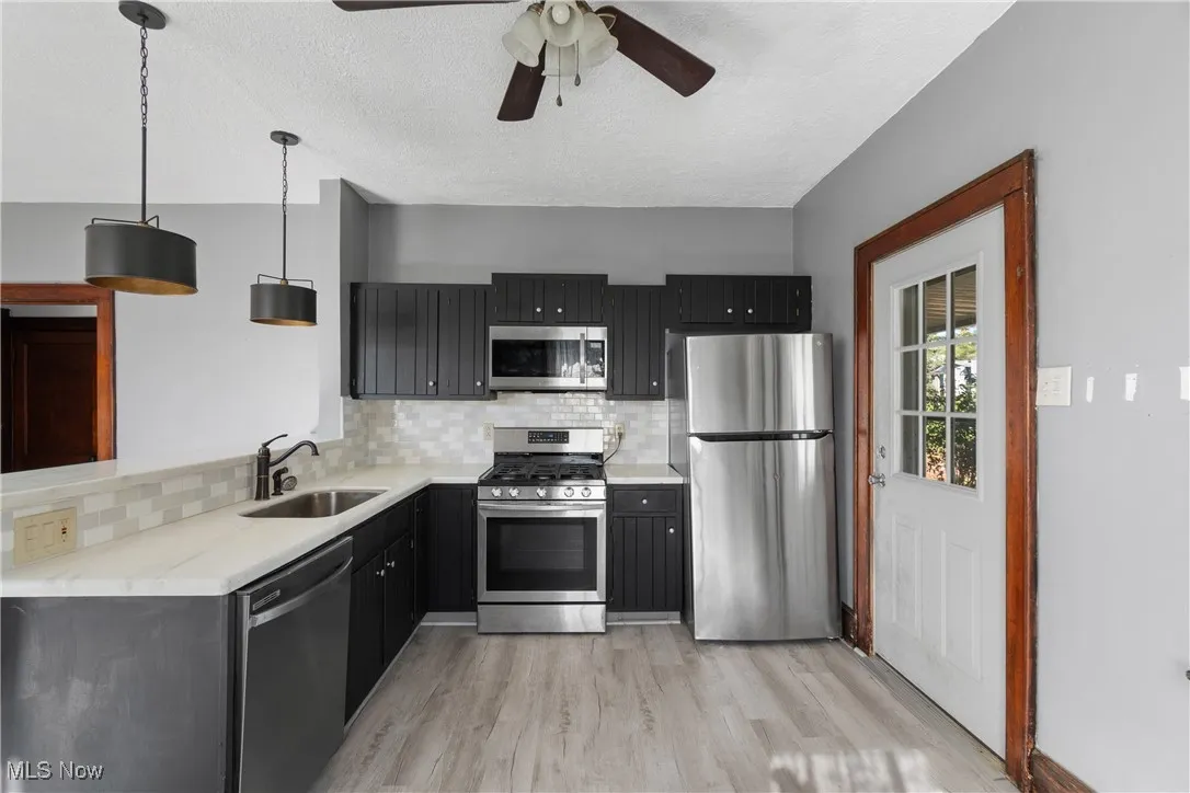 Kitchen with appliances with stainless steel finishes, tasteful backsplash, dark cabinets, pendant lighting, and light wood-style flooring