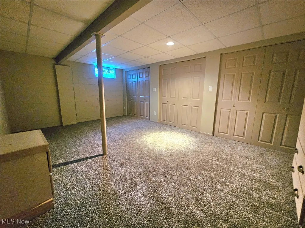 Basement featuring a paneled ceiling and carpet flooring