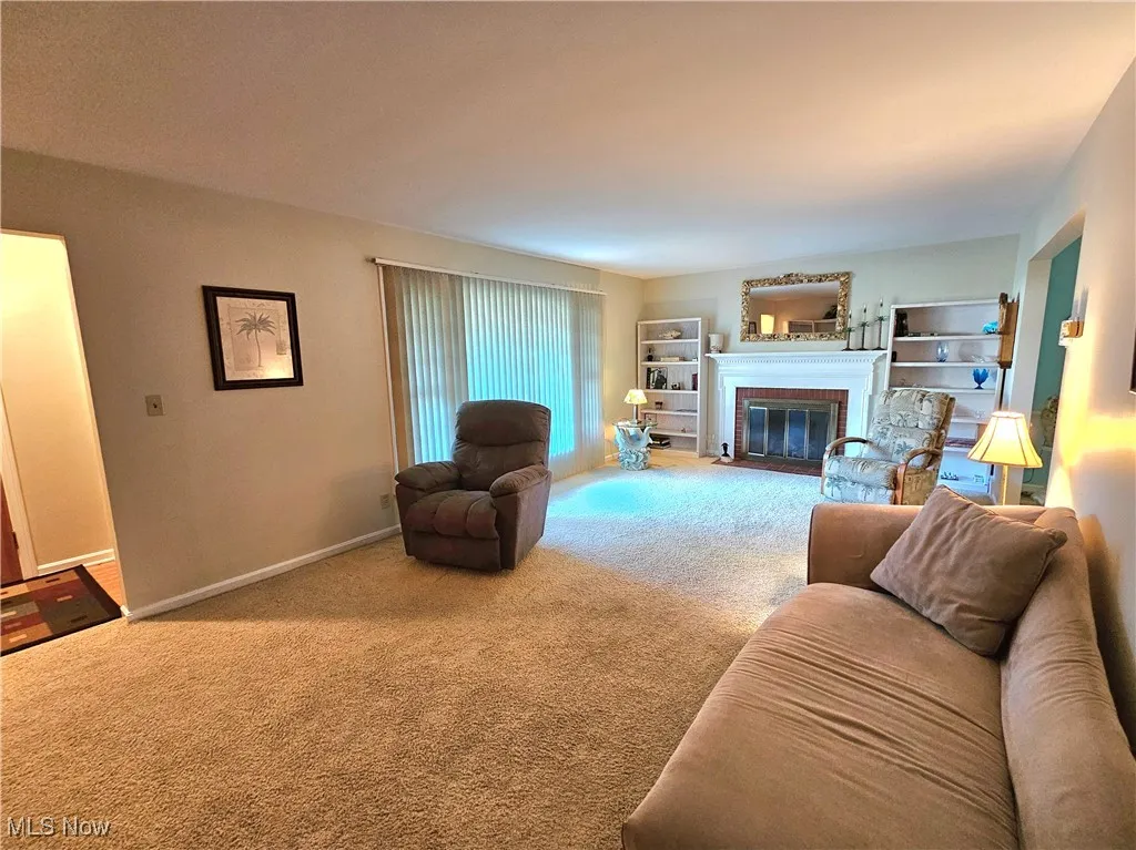 Carpeted living room with a fireplace and bookshelves