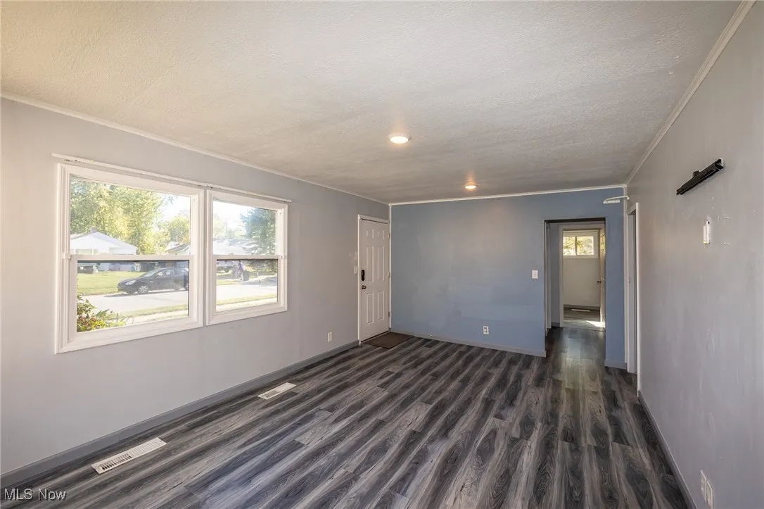 Spare room with ornamental molding, dark wood-type flooring, and a textured ceiling