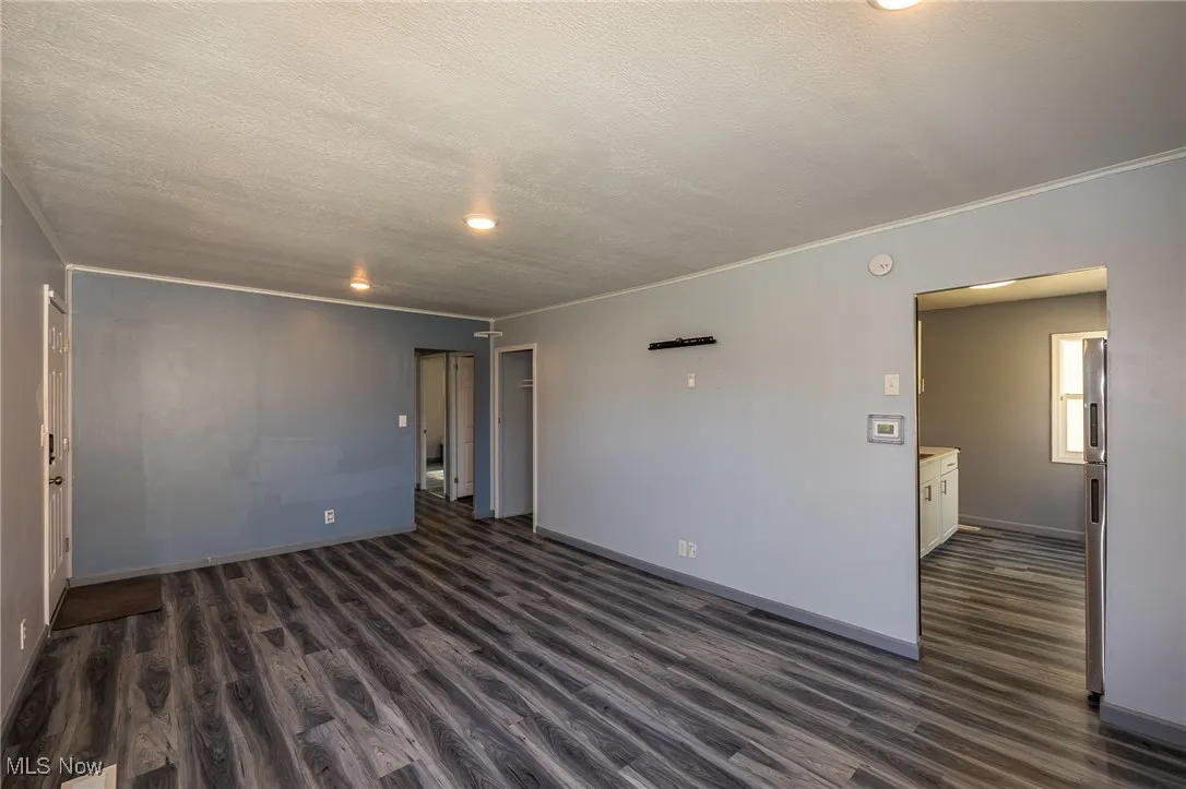 Spare room with crown molding, dark wood-style flooring, and a textured ceiling
