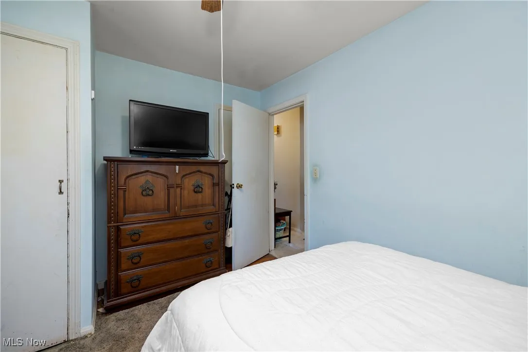 Back bedroom with carpet (wood under )and ceiling fan