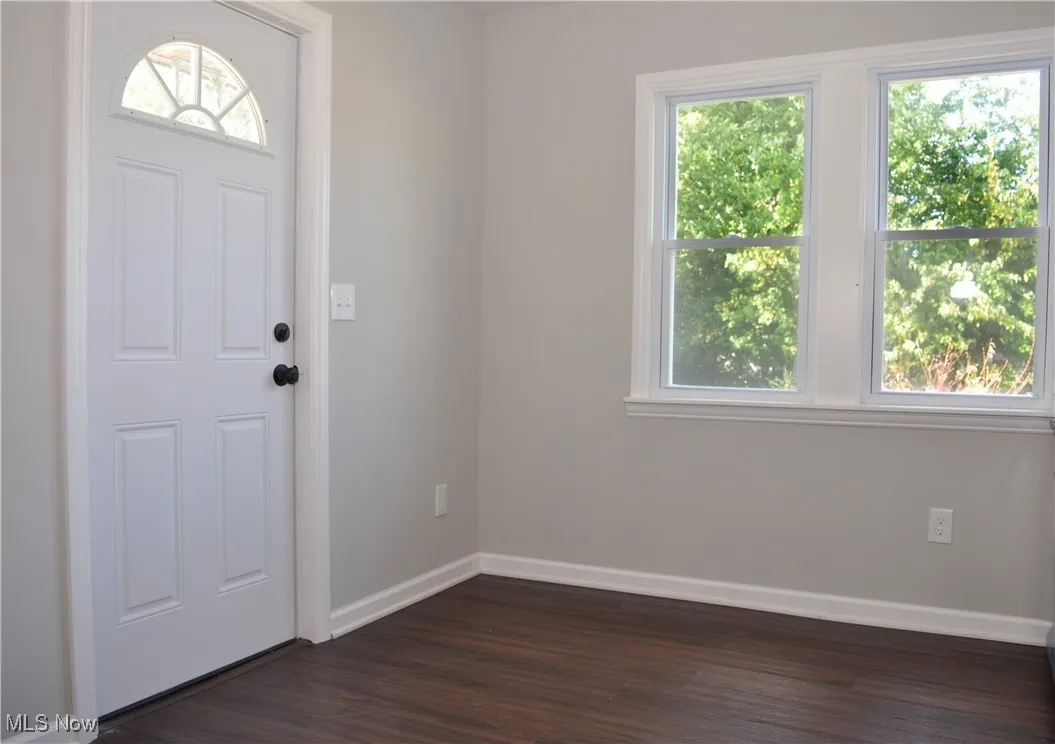 Foyer with baseboards and dark wood-style flooring