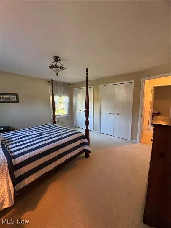 Carpeted bedroom featuring two closets and baseboards