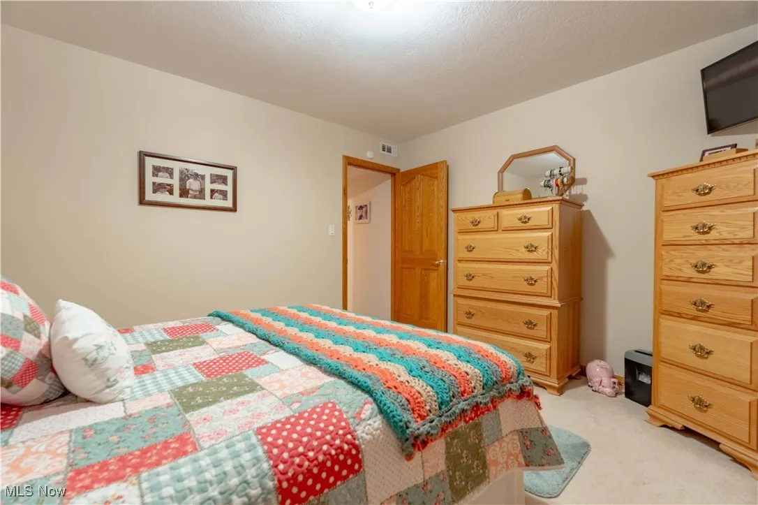 Bedroom featuring light carpet