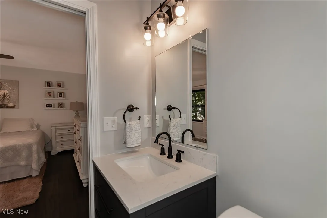 Bathroom featuring vanity, ensuite bath, and dark wood-style floors