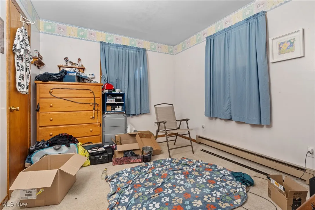Sitting room with a baseboard radiator and carpet flooring