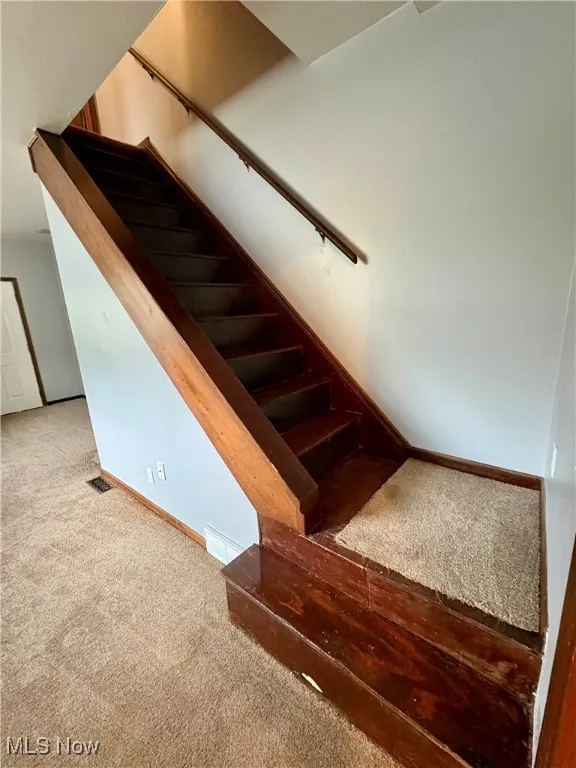 Stairway featuring carpet floors and baseboards