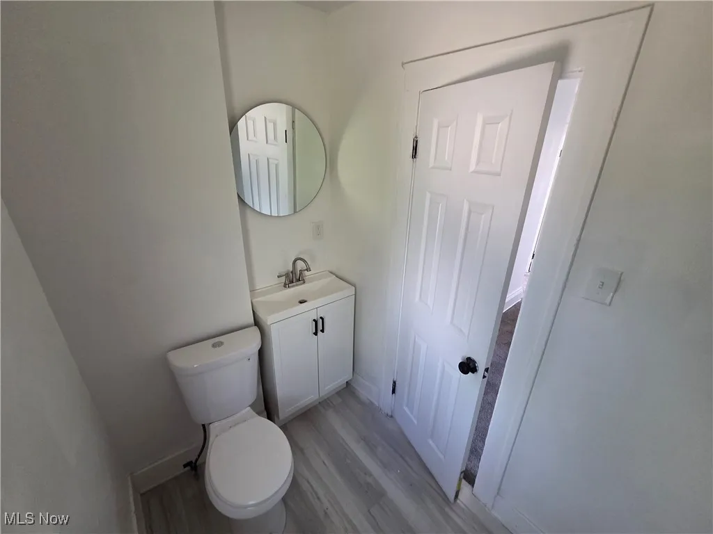 Bathroom with light wood-style flooring and vanity