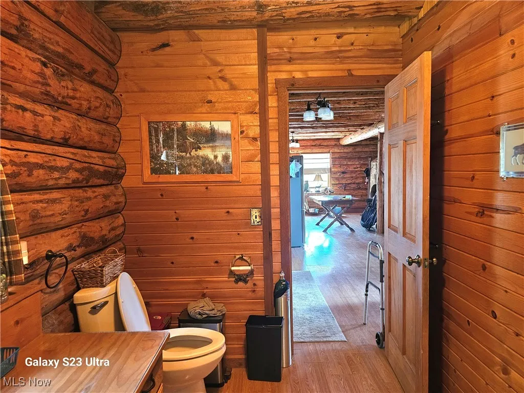 Bathroom featuring rustic walls and light wood-type flooring