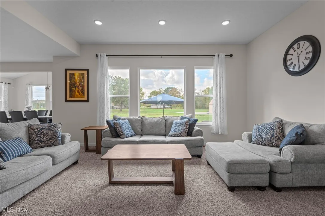 Living area with carpet flooring and recessed lighting