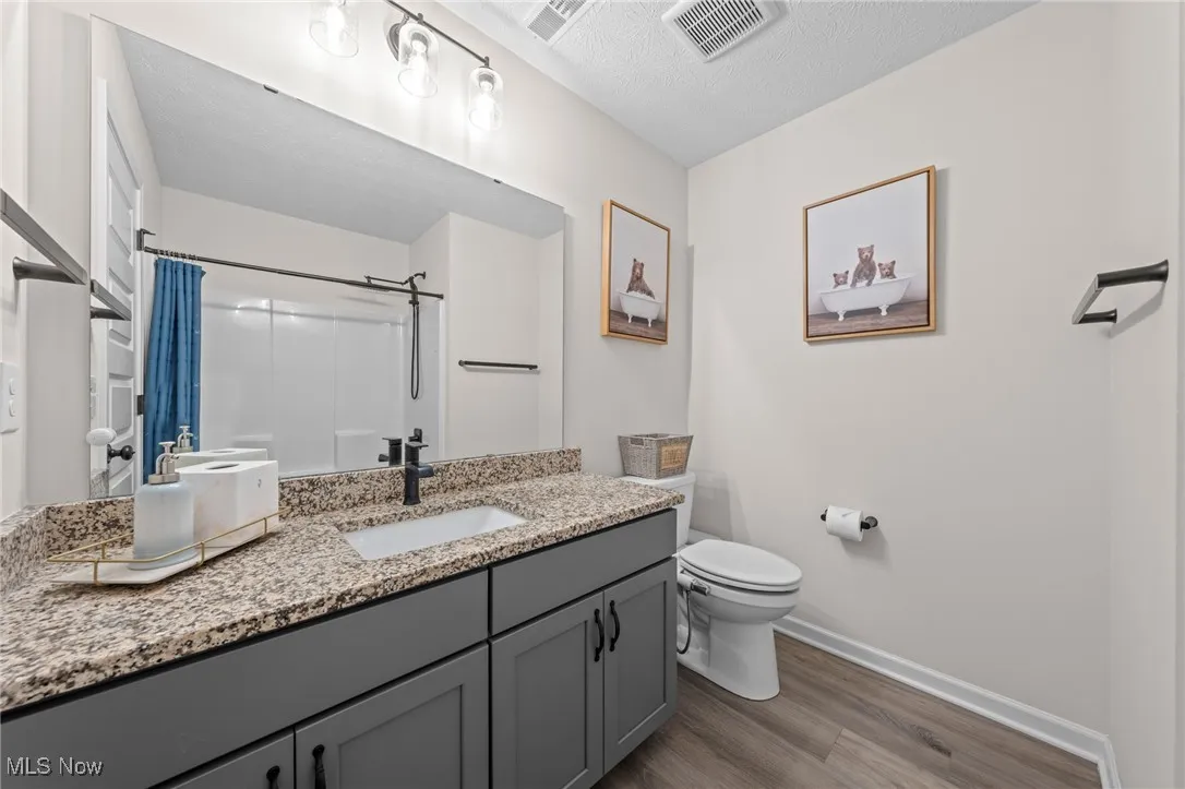 Bathroom featuring light wood-style flooring, vanity, and a textured ceiling