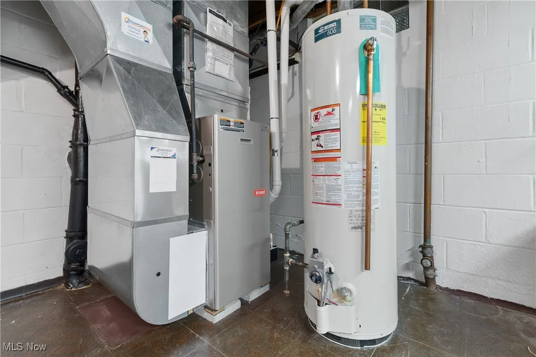 Utility room with water heater and heating unit