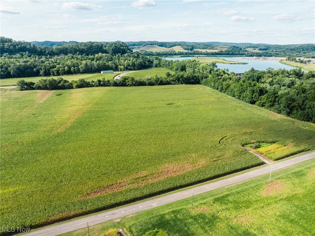 Aerial view of sparsely populated area featuring a nearby body of water