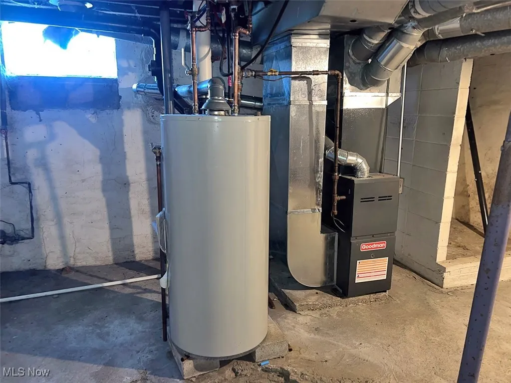 Utility room with water heater and heating unit