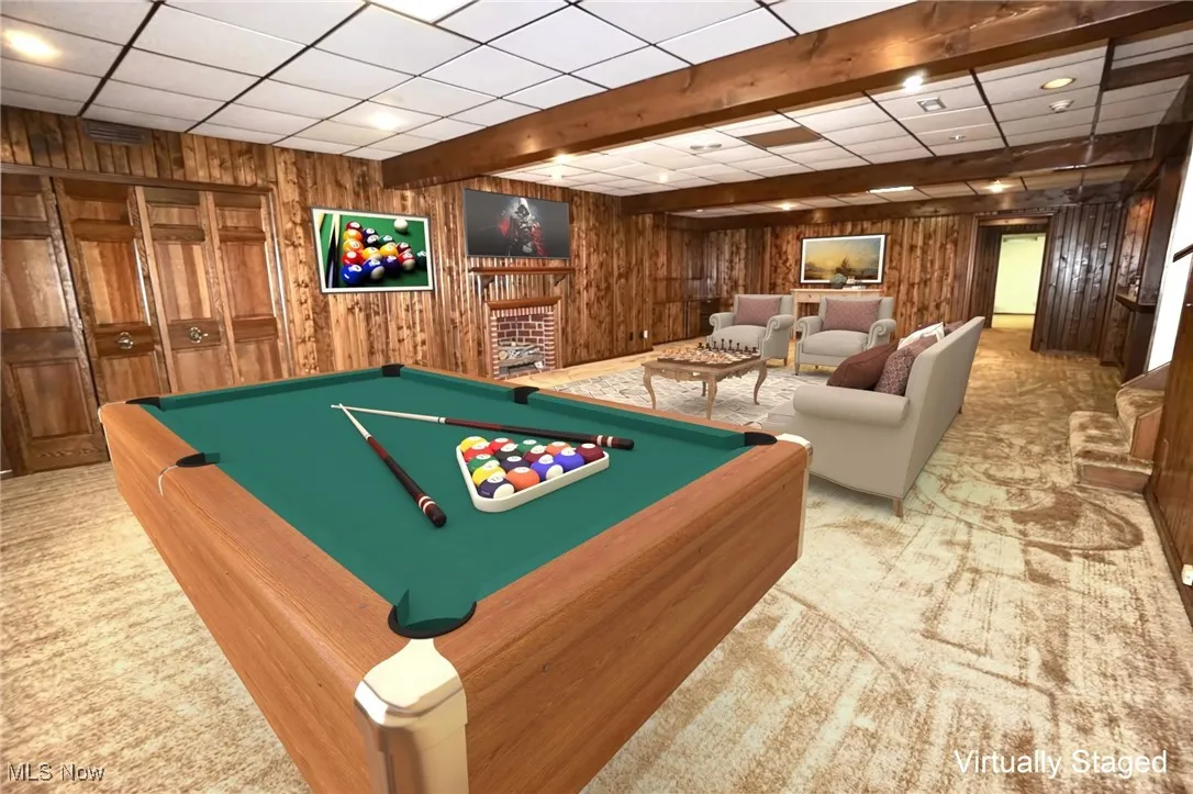 Game room featuring wood walls, a drop ceiling, pool table, carpet floors, and recessed lighting