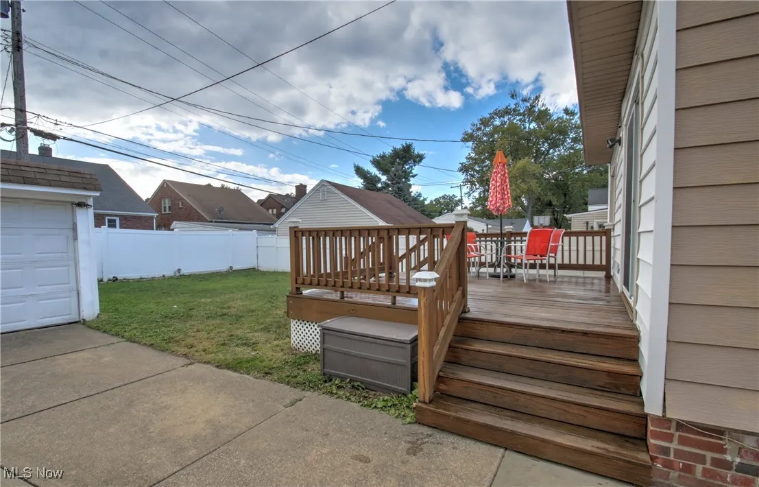 Wooden deck with a fenced backyard