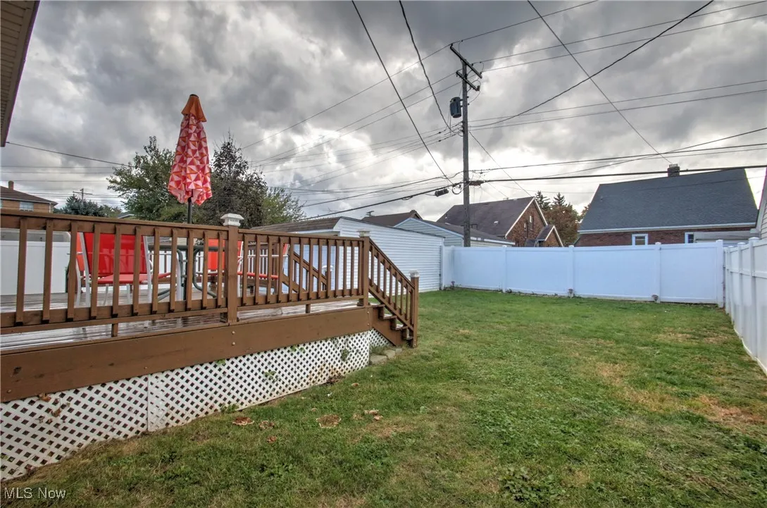 Fenced backyard with a deck
