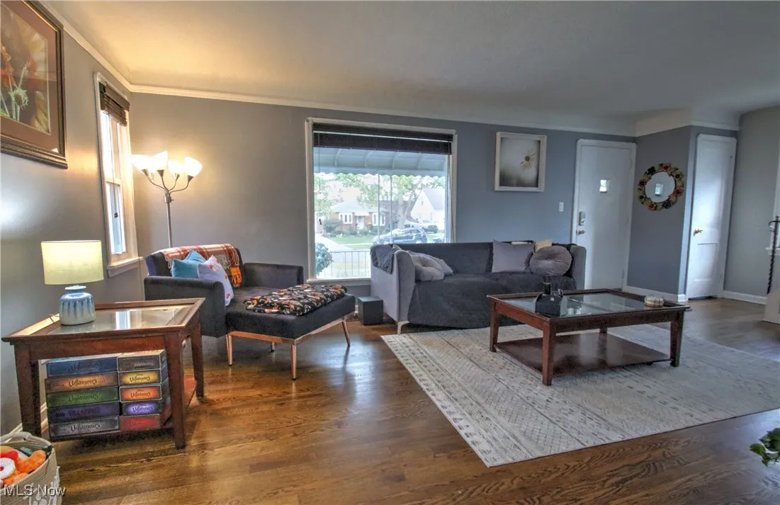 Living room featuring wood finished floors and ornamental molding