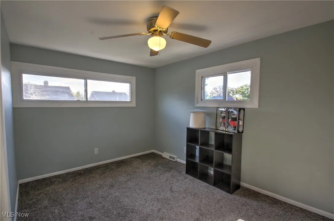 Carpeted spare room with healthy amount of natural light and a ceiling fan