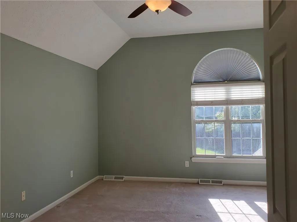 Unfurnished room with lofted ceiling, carpet, and ceiling fan