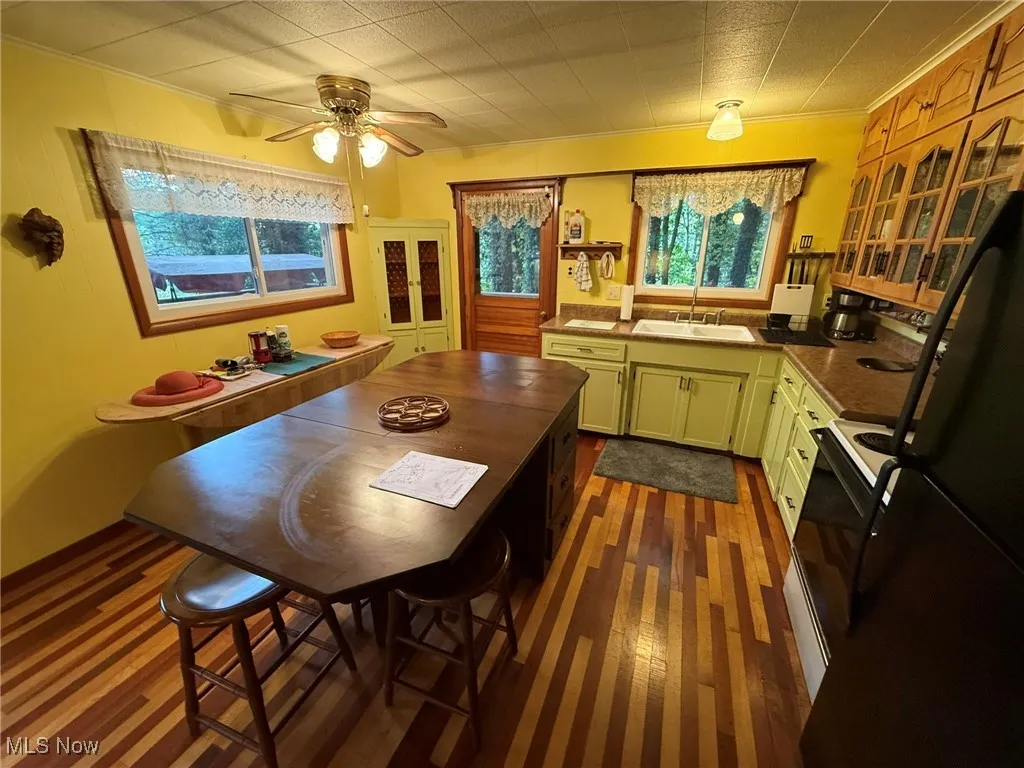 Kitchen featuring black appliances, dark wood-style flooring, green cabinetry, and plenty of natural light