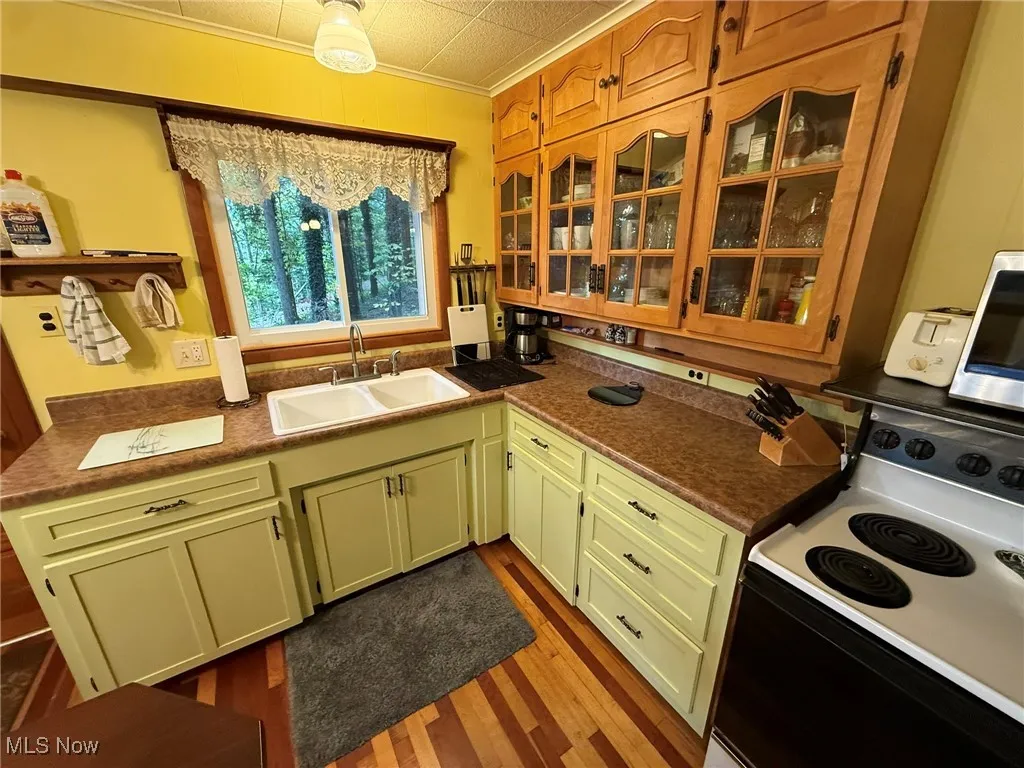 Kitchen with white electric range, dark countertops, dark wood-style flooring, green cabinetry, and stainless steel microwave
