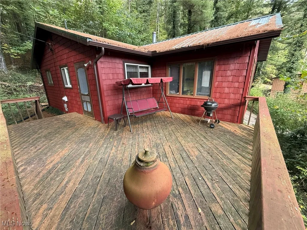 Wooden terrace with a grill and a wooded view