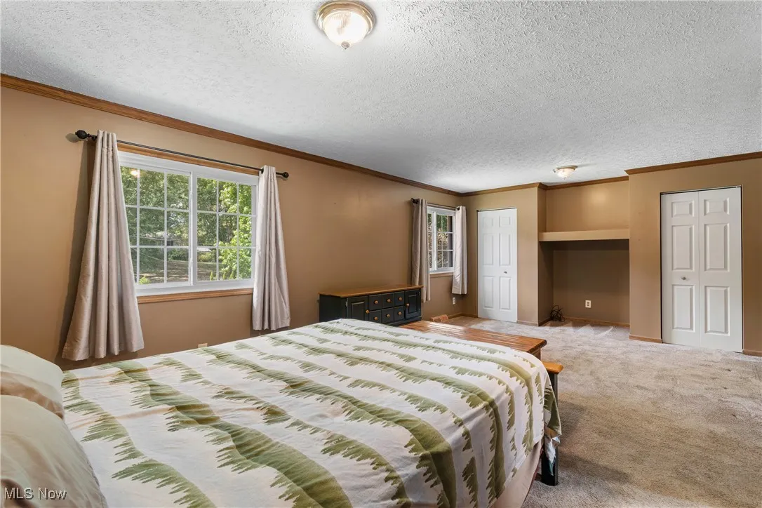 Bedroom with ornamental molding, carpet floors, a textured ceiling, and two closets