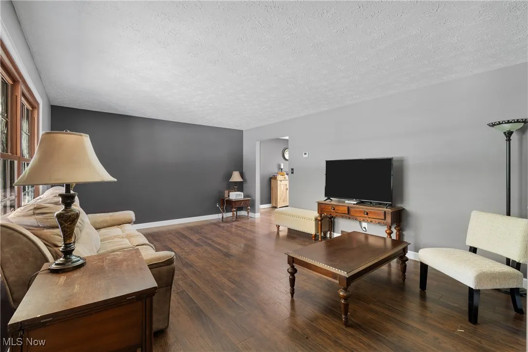 Living area featuring dark wood-style flooring and a textured ceiling