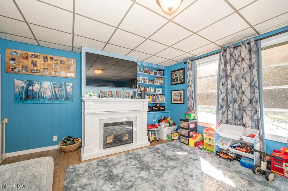 Playroom featuring a drop ceiling, wood finished floors, and a premium fireplace
