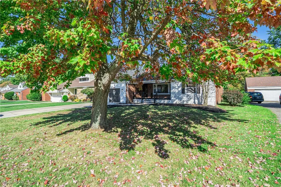 Obstructed view of property with a front lawn and brick siding