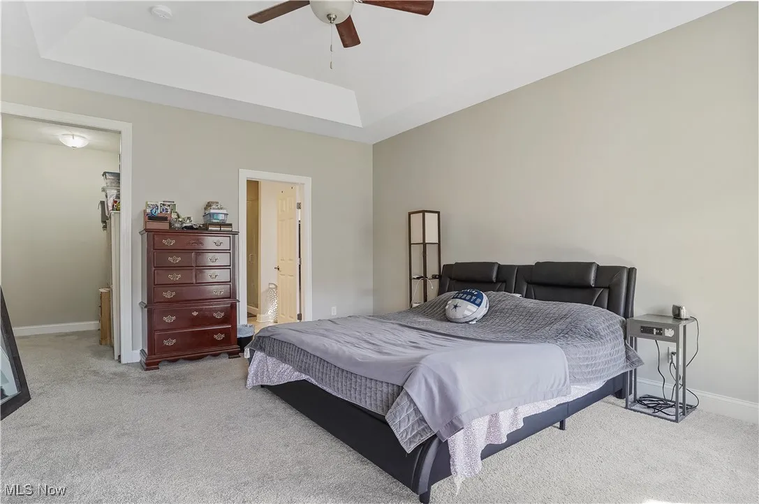 Bedroom with carpet, a raised ceiling, and ceiling fan