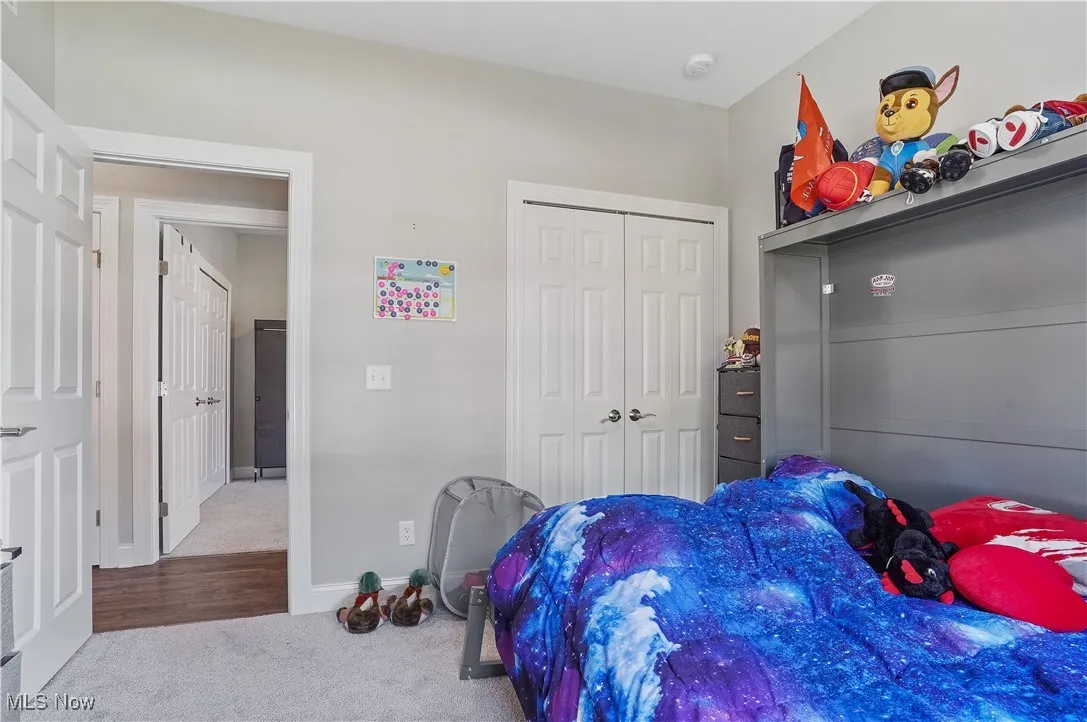 Carpeted bedroom with baseboards and a closet