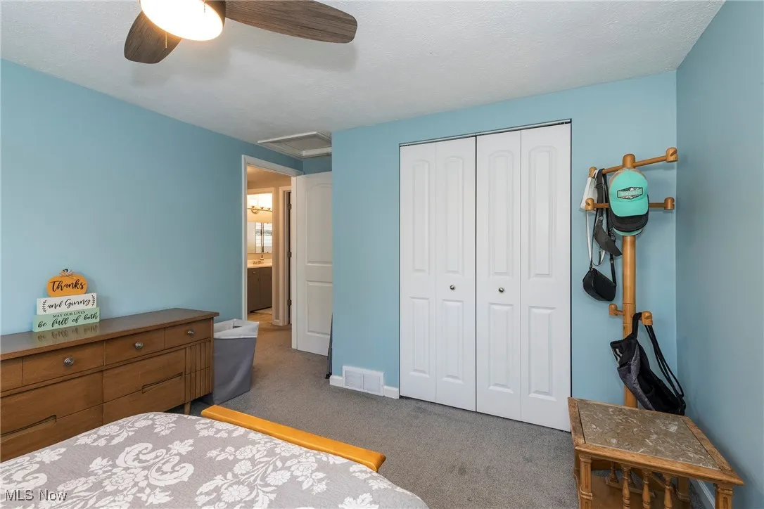 Carpeted bedroom with a closet, attic access, a ceiling fan/overhead light and carpeted floor