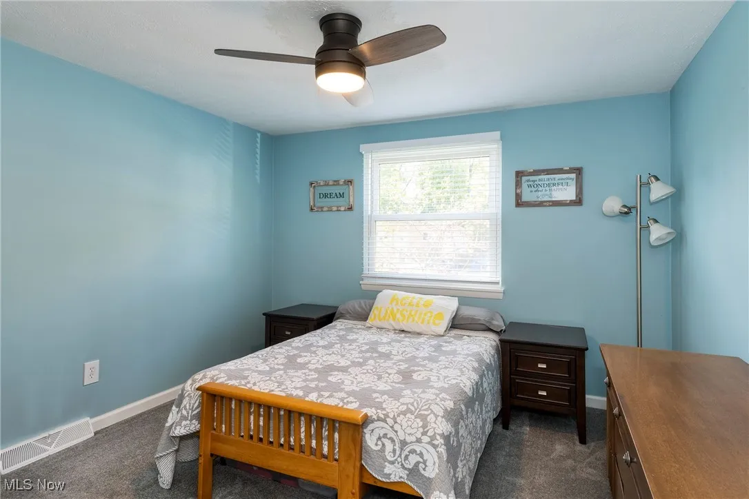 Bedroom with ceiling fan/overhead light and carpeted floor