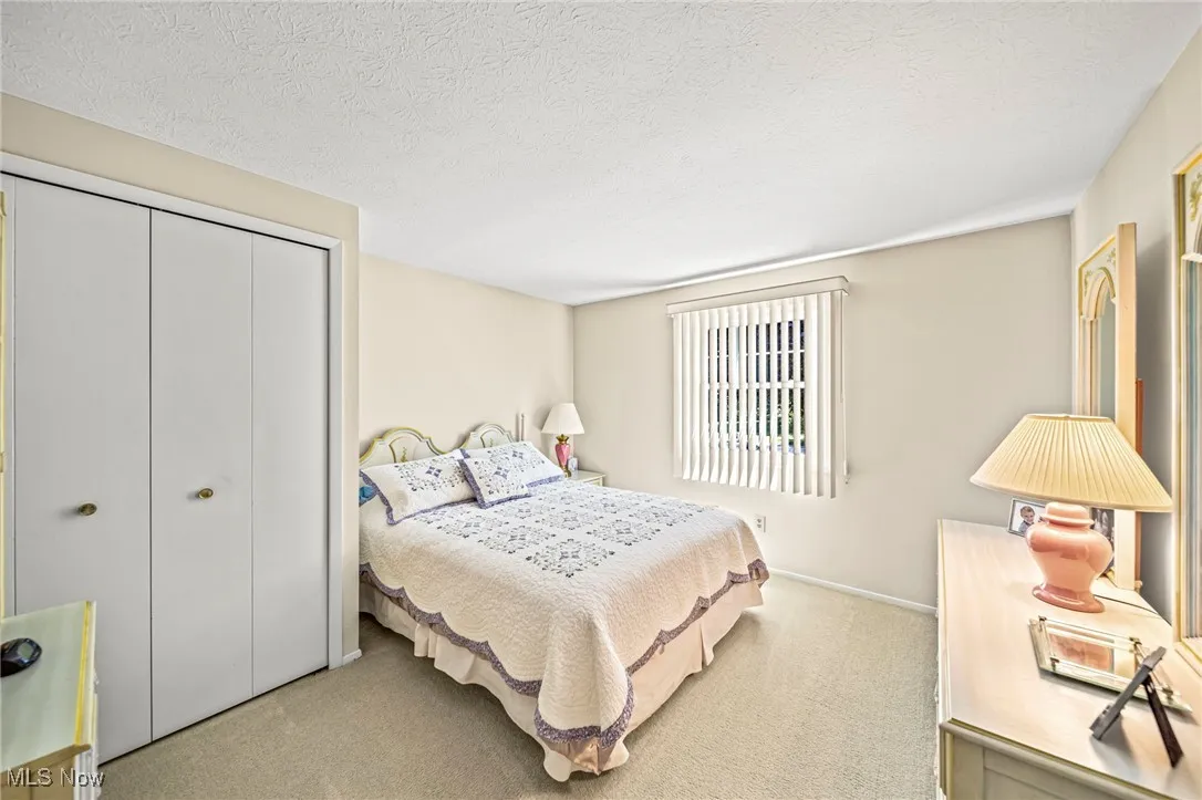 Carpeted bedroom with a textured ceiling and a closet