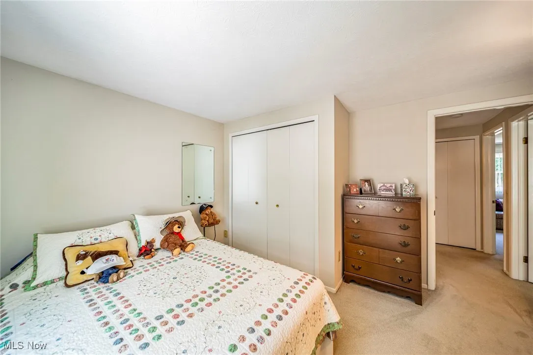 Bedroom with light colored carpet and a closet