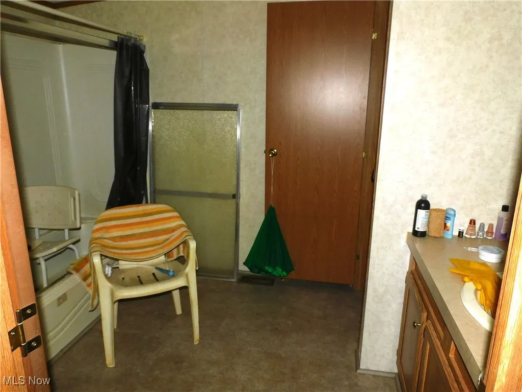 Bathroom with vanity and a shower with shower curtain