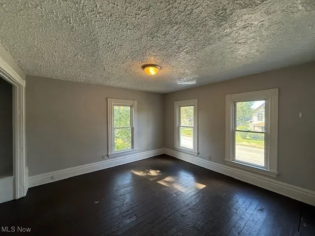 Apartment 3 Empty room featuring healthy amount of natural light, dark wood-type flooring, and a textured ceiling