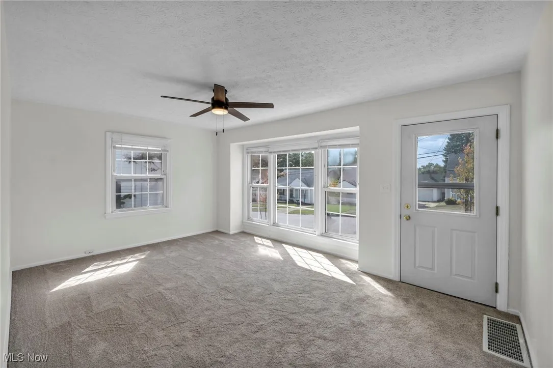 Carpeted foyer with healthy amount of natural light, a textured ceiling, and a ceiling fan