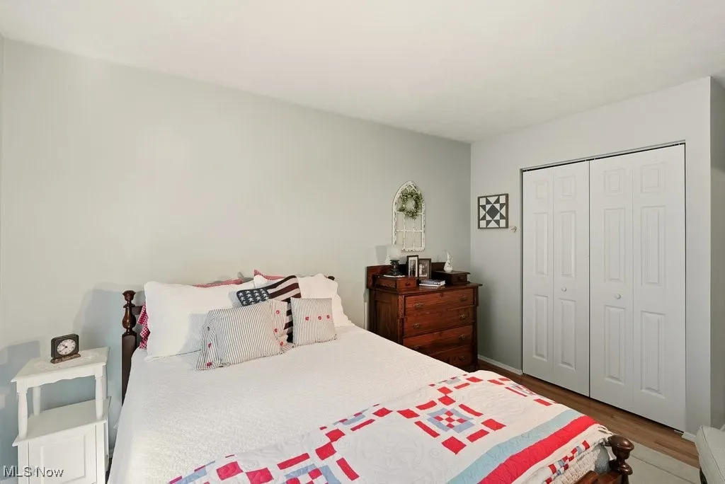 Bedroom with a closet and dark wood-style flooring