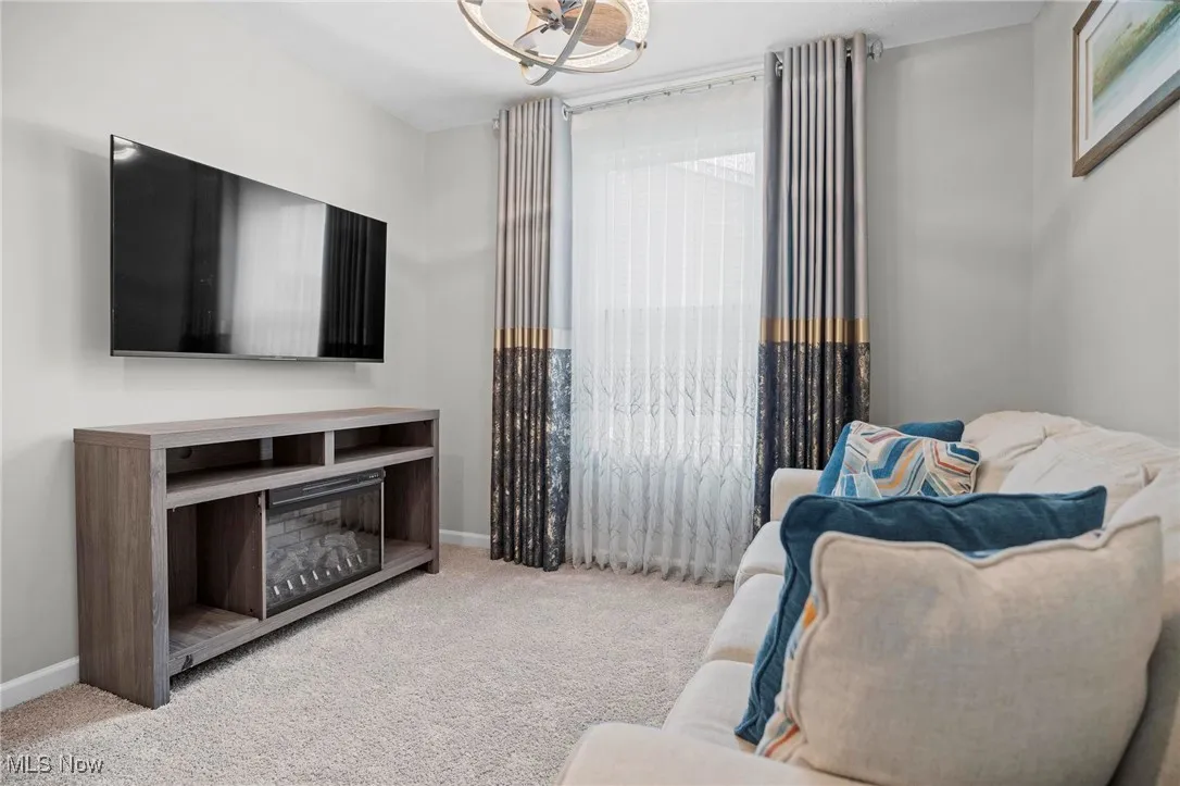 Living area with light colored carpet and baseboards