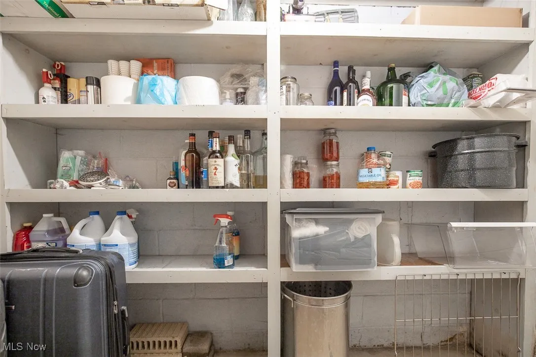 View of cold storage area for extra pantry space in basement.