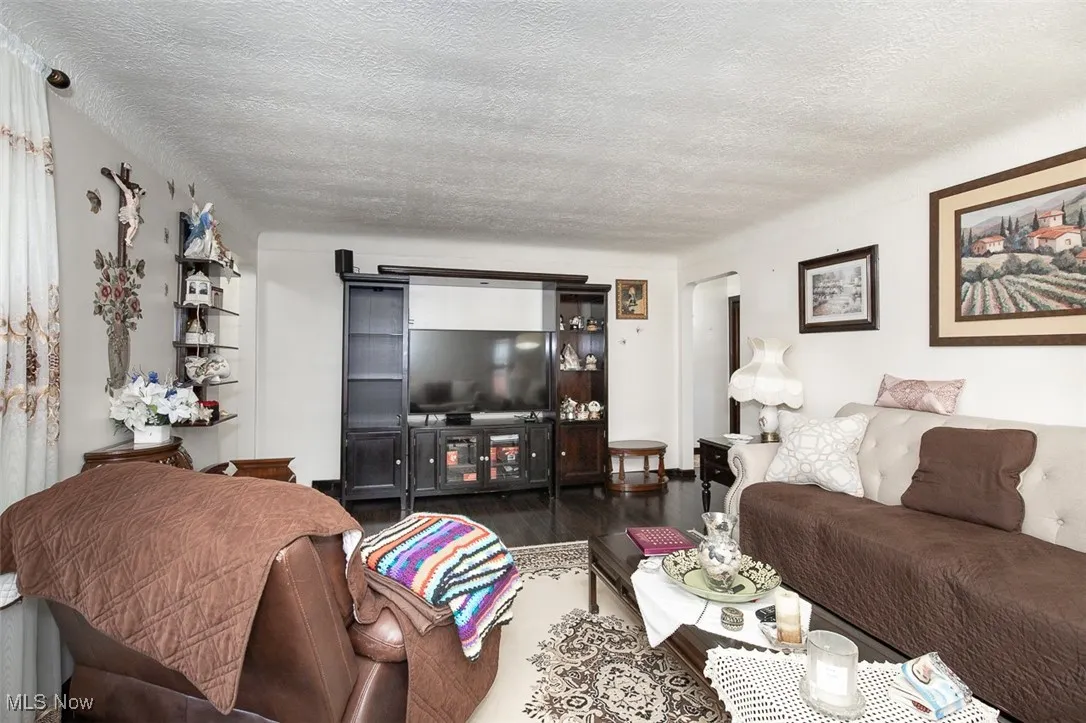 Living room featuring a textured ceiling and wood flooring.