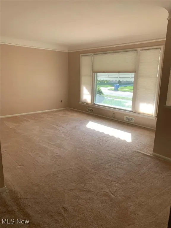 Empty room with light colored carpet and crown molding