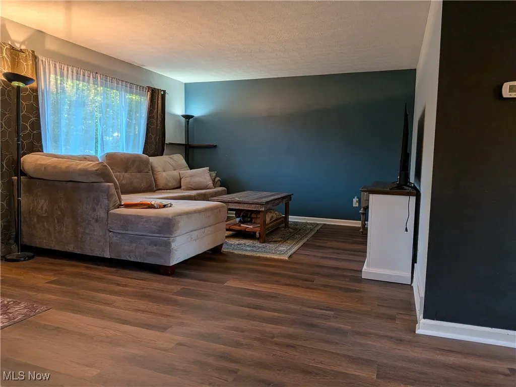 Living room featuring dark wood finished floors and a textured ceiling