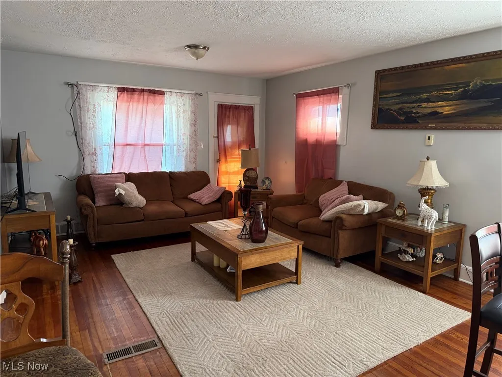 Living room featuring hardwood / wood-style floors, a textured ceiling, and plenty of natural light